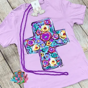 Texas True Threads Purple Floral Cross Tee