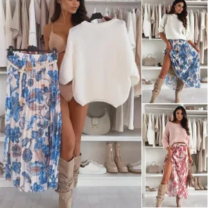 Top with Round Neck & Printed Skirt with Belt