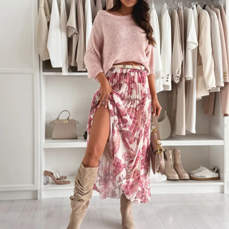 Top with Round Neck & Printed Skirt with Belt