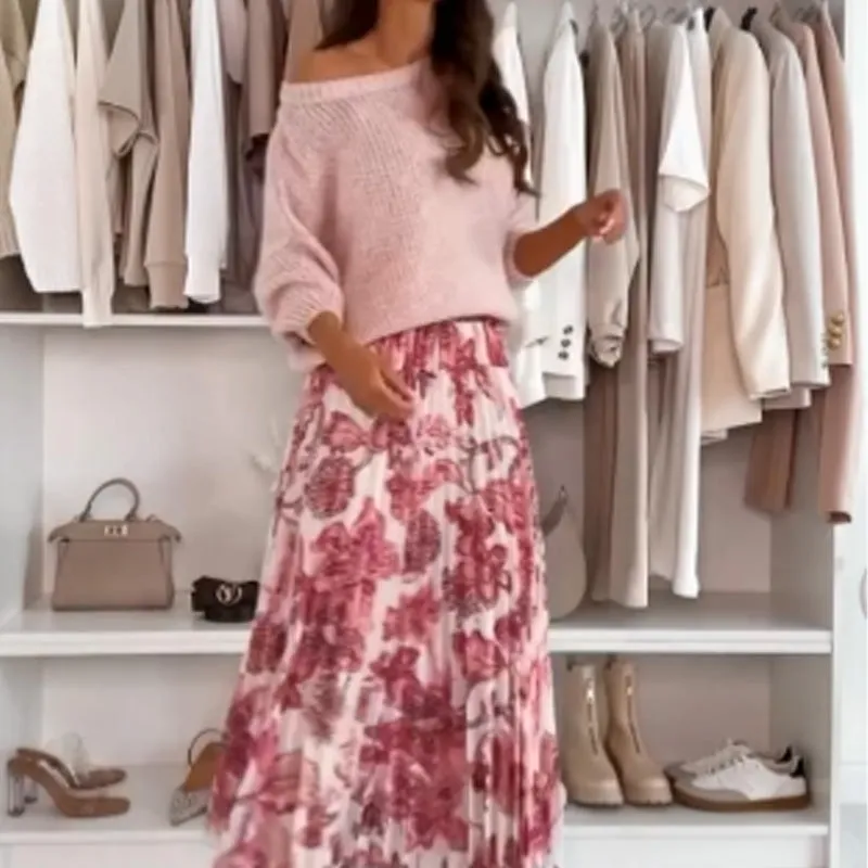 Top with Round Neck & Printed Skirt with Belt