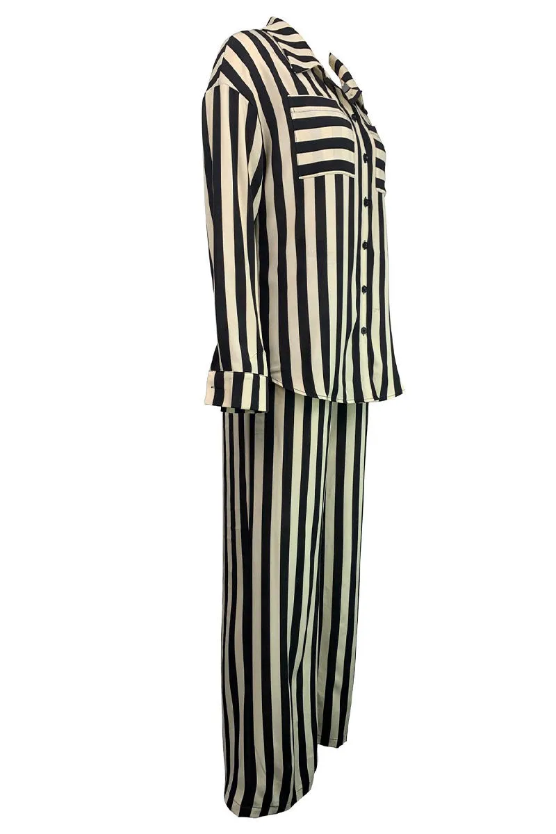 UG740 Striped Shirt Top and Wide Leg Pants Set