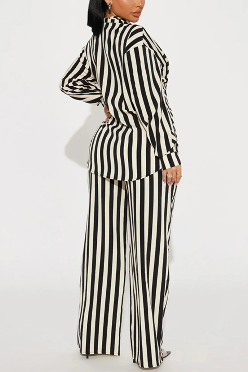 UG740 Striped Shirt Top and Wide Leg Pants Set