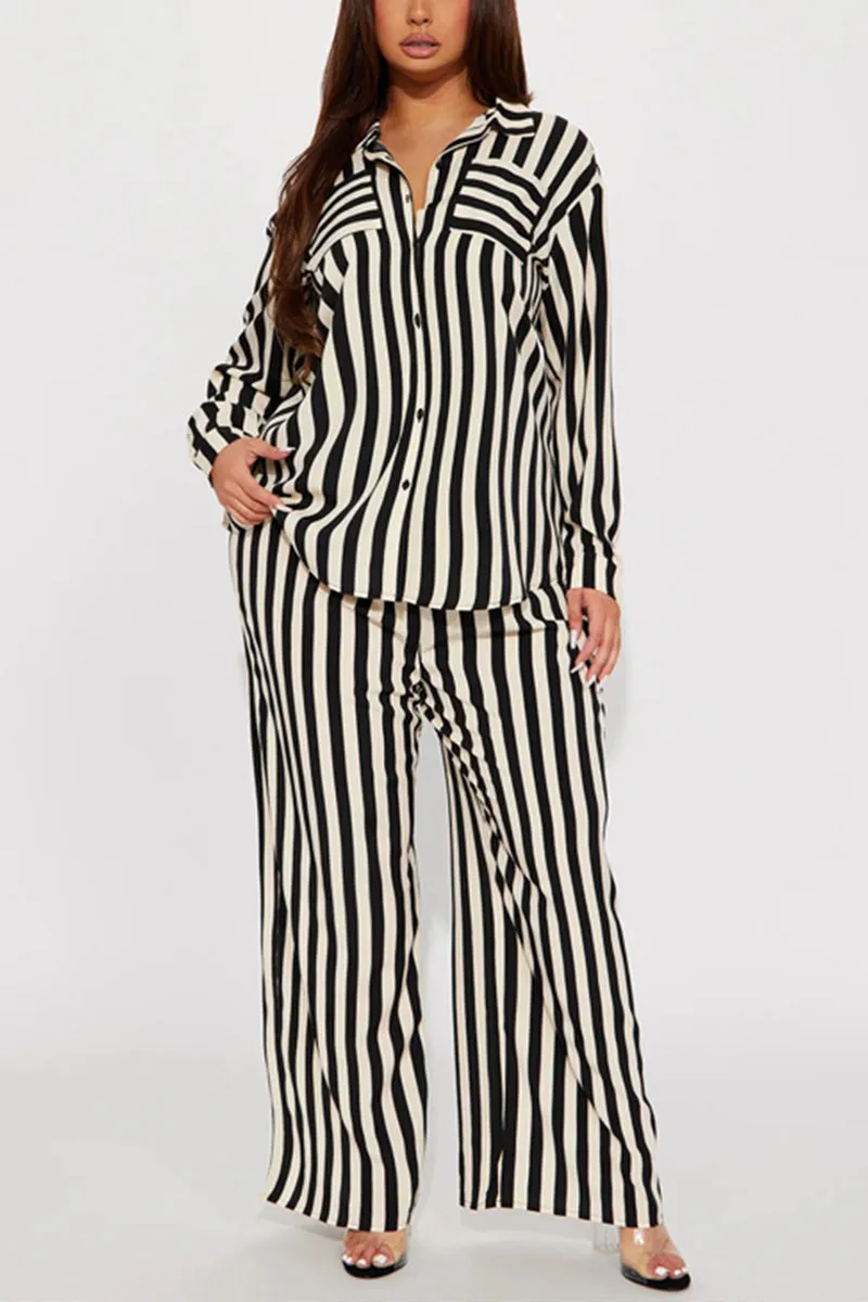 UG740 Striped Shirt Top and Wide Leg Pants Set