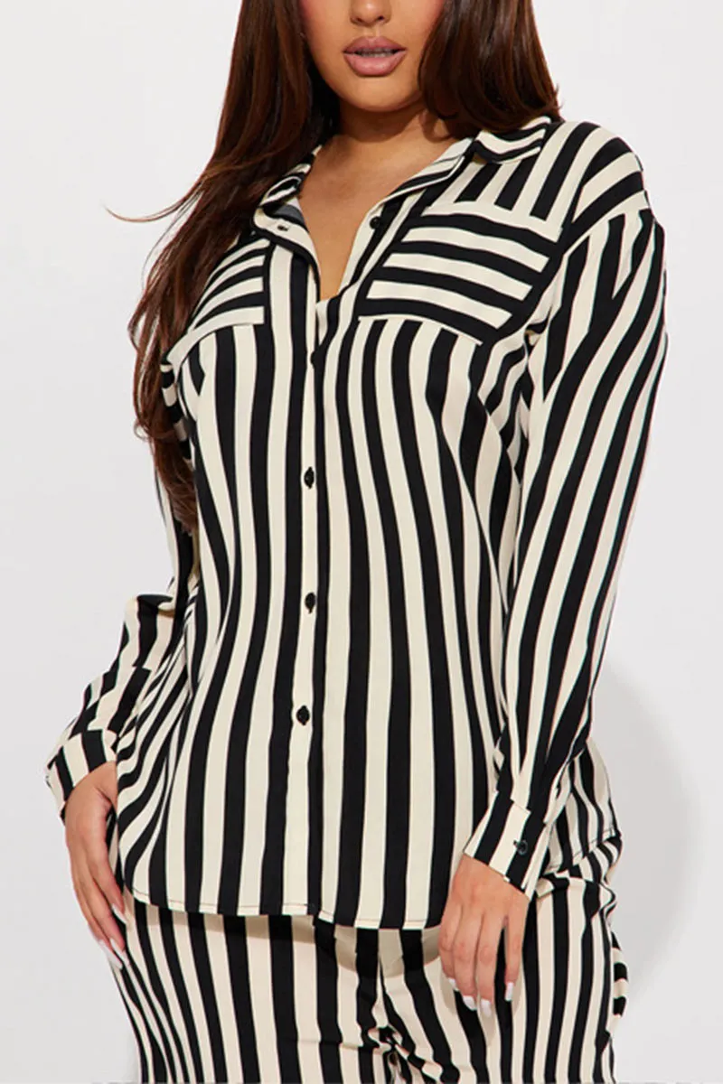 UG740 Striped Shirt Top and Wide Leg Pants Set