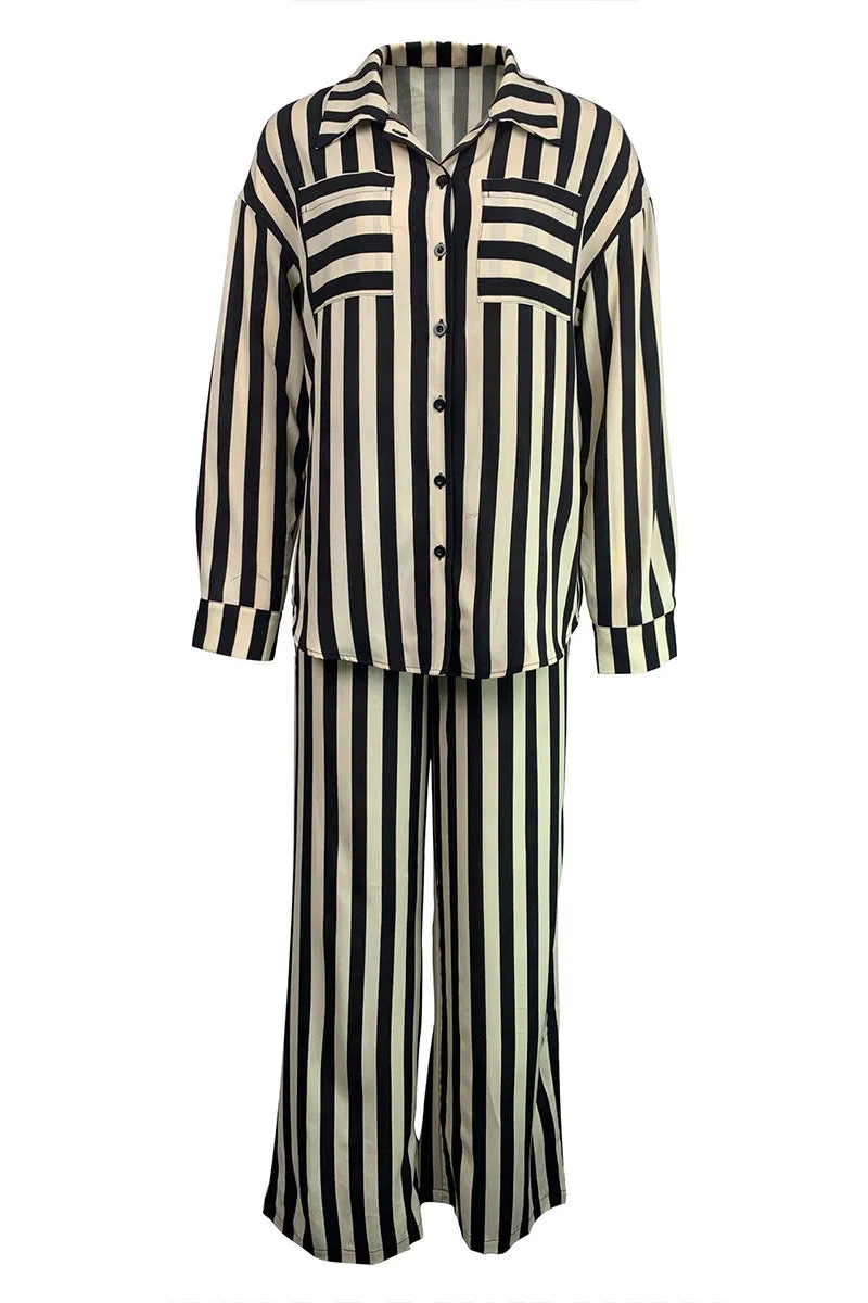 UG740 Striped Shirt Top and Wide Leg Pants Set