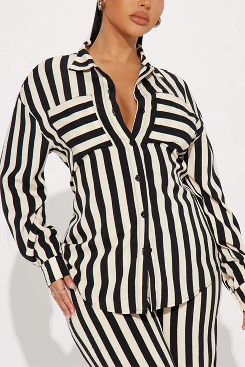 UG740 Striped Shirt Top and Wide Leg Pants Set