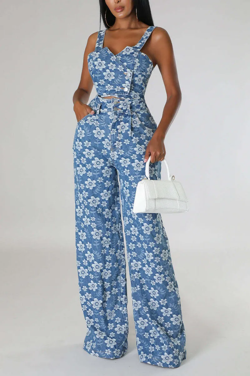 UH614 Flower Print Crop Top and Pants Set