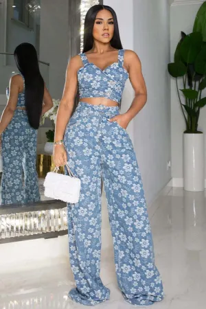 UH614 Flower Print Crop Top and Pants Set