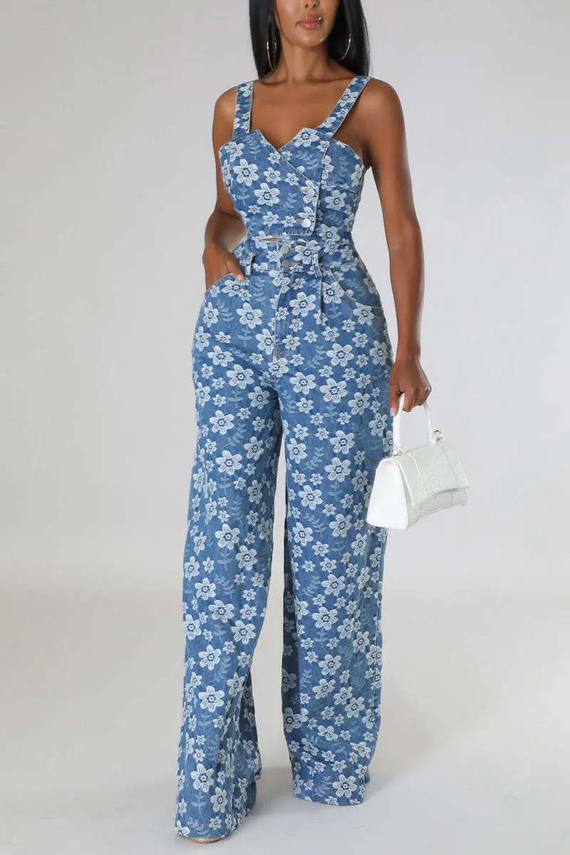 UH614 Flower Print Crop Top and Pants Set