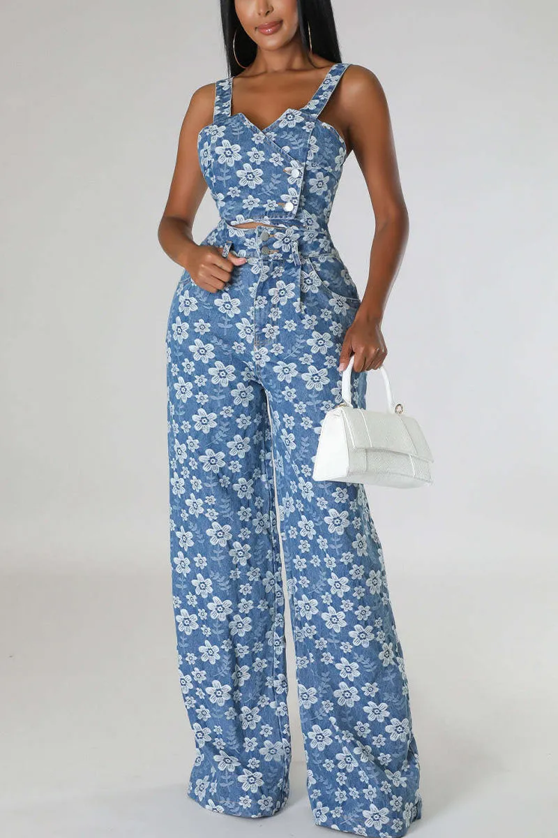 UH614 Flower Print Crop Top and Pants Set