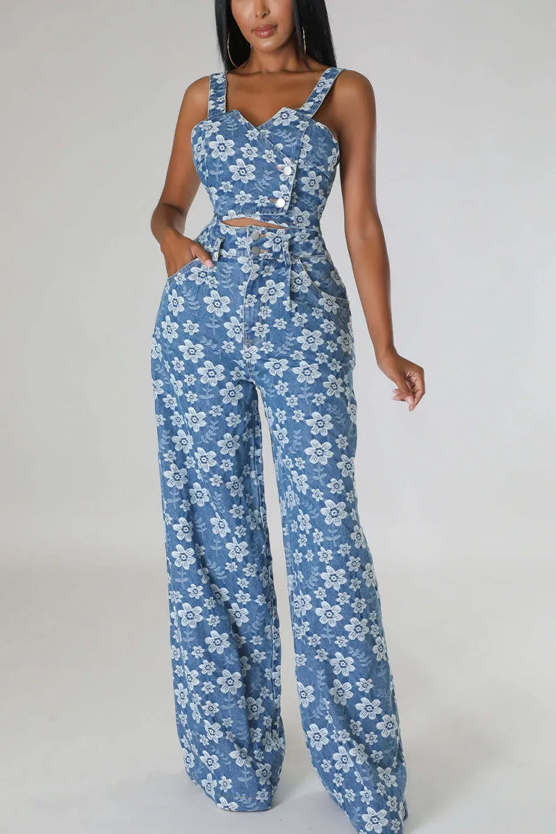 UH614 Flower Print Crop Top and Pants Set