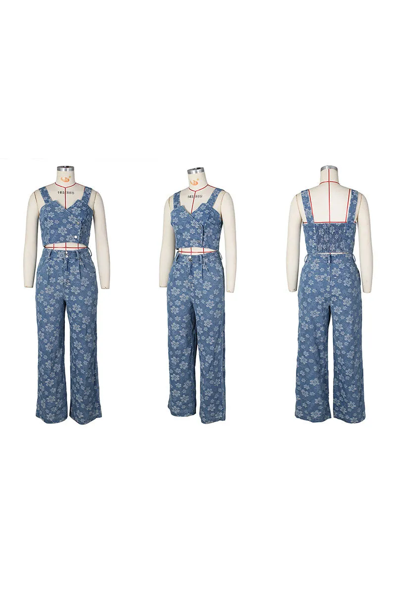 UH614 Flower Print Crop Top and Pants Set
