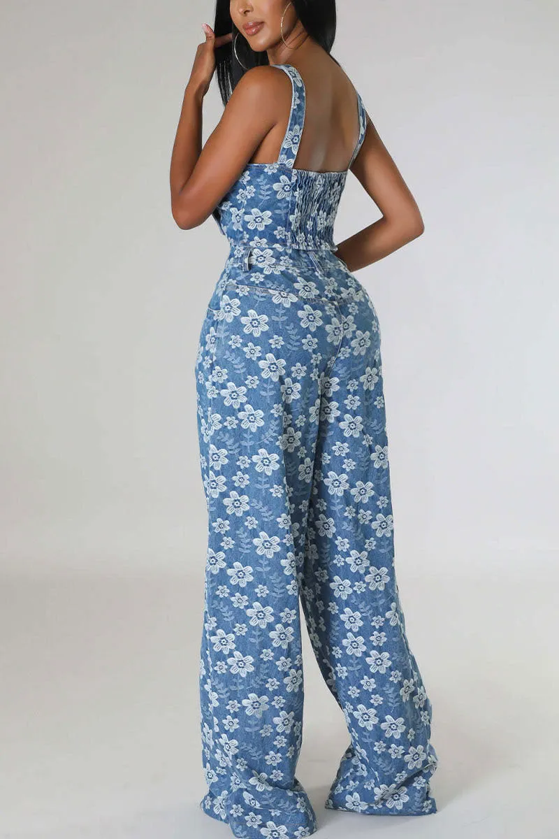 UH614 Flower Print Crop Top and Pants Set