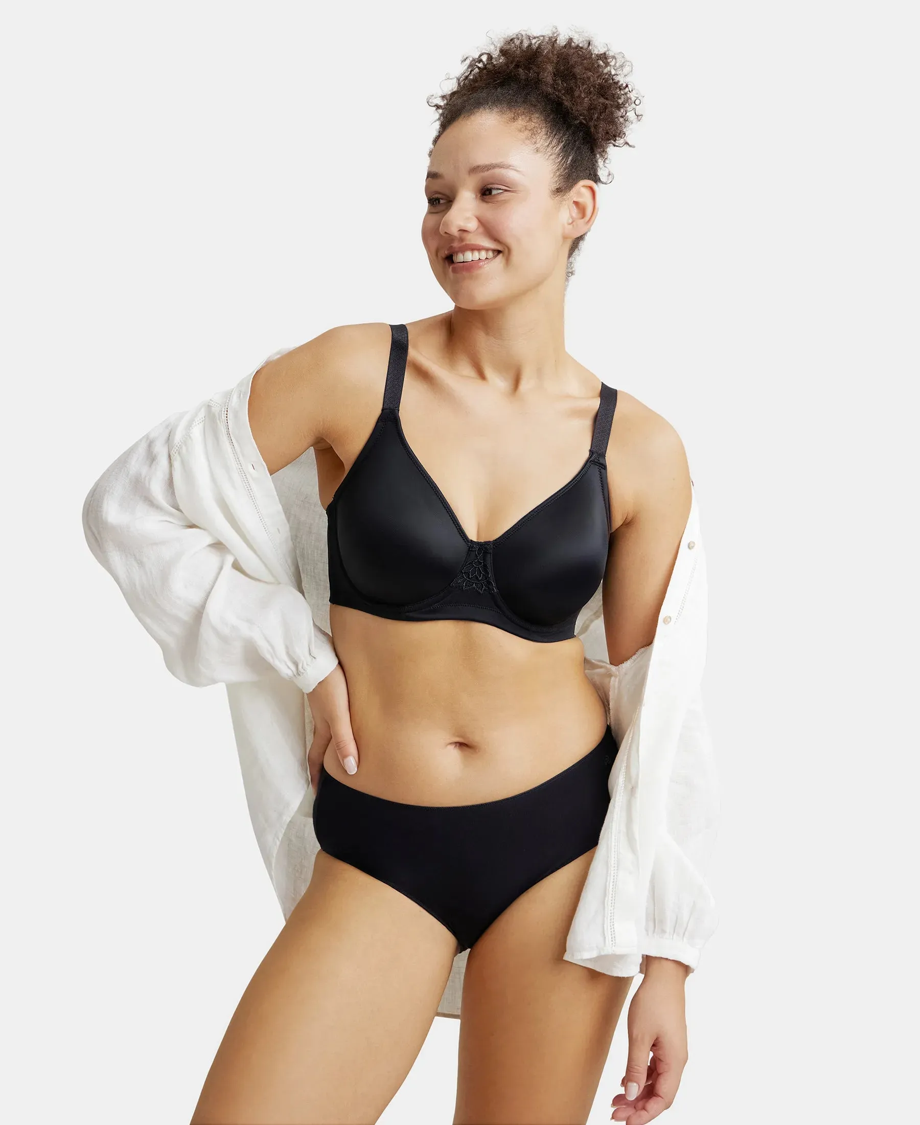 Under-Wired Non-Padded Soft Touch Microfiber Elastane Stretch Full Coverage Minimizer Bra with Broad Wings - Black