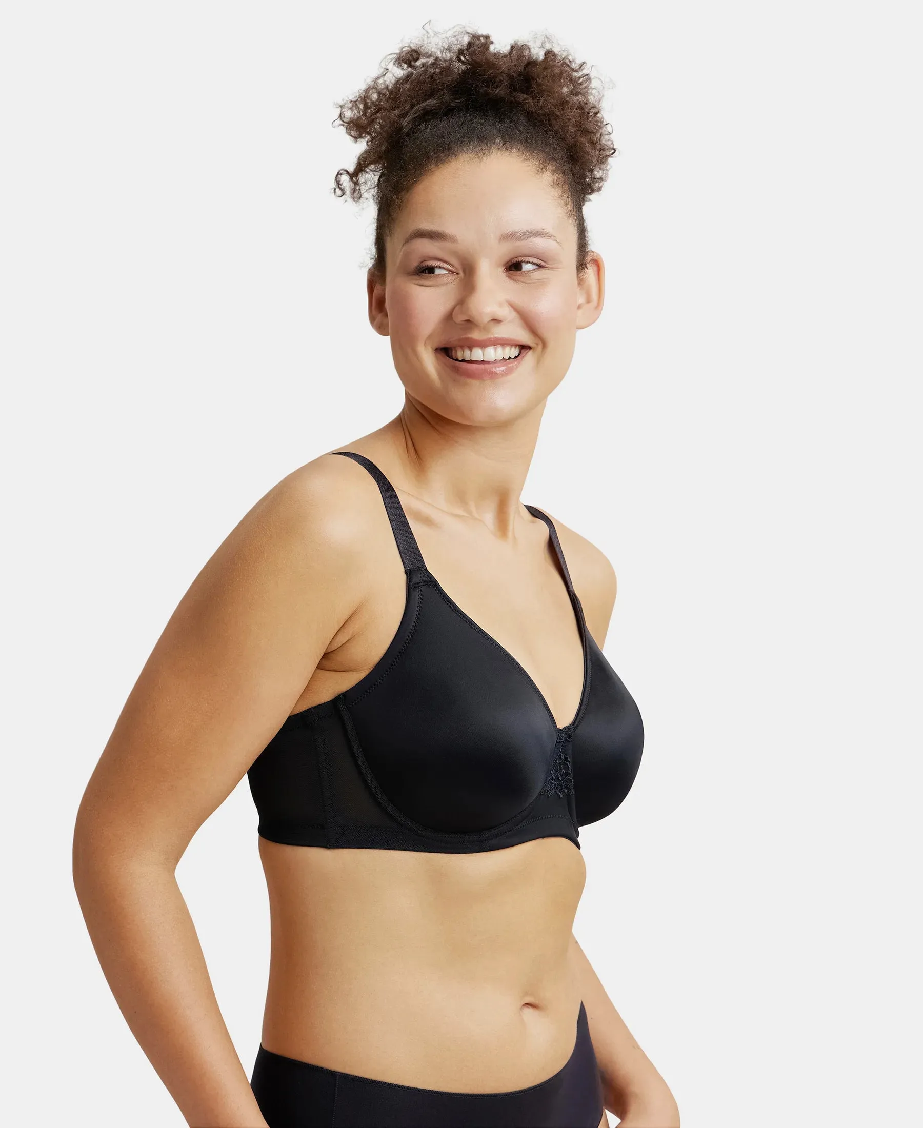 Under-Wired Non-Padded Soft Touch Microfiber Elastane Stretch Full Coverage Minimizer Bra with Broad Wings - Black