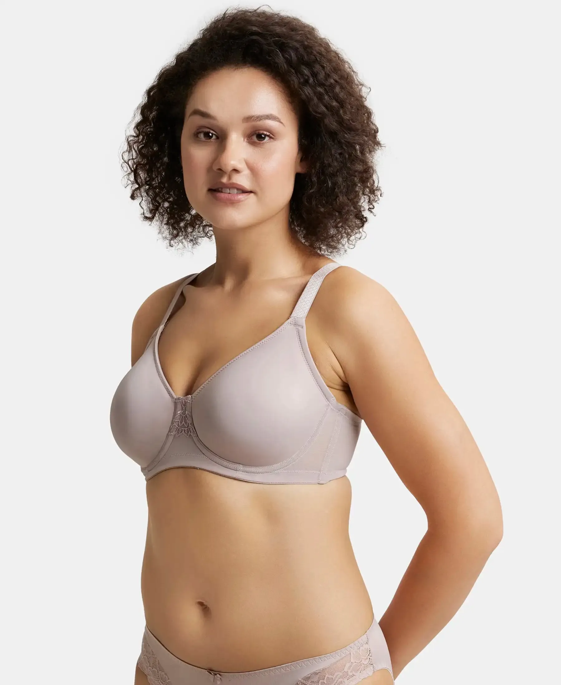 Under-Wired Non-Padded Soft Touch Microfiber Elastane Stretch Full Coverage Minimizer Bra with Broad Wings - Mocha