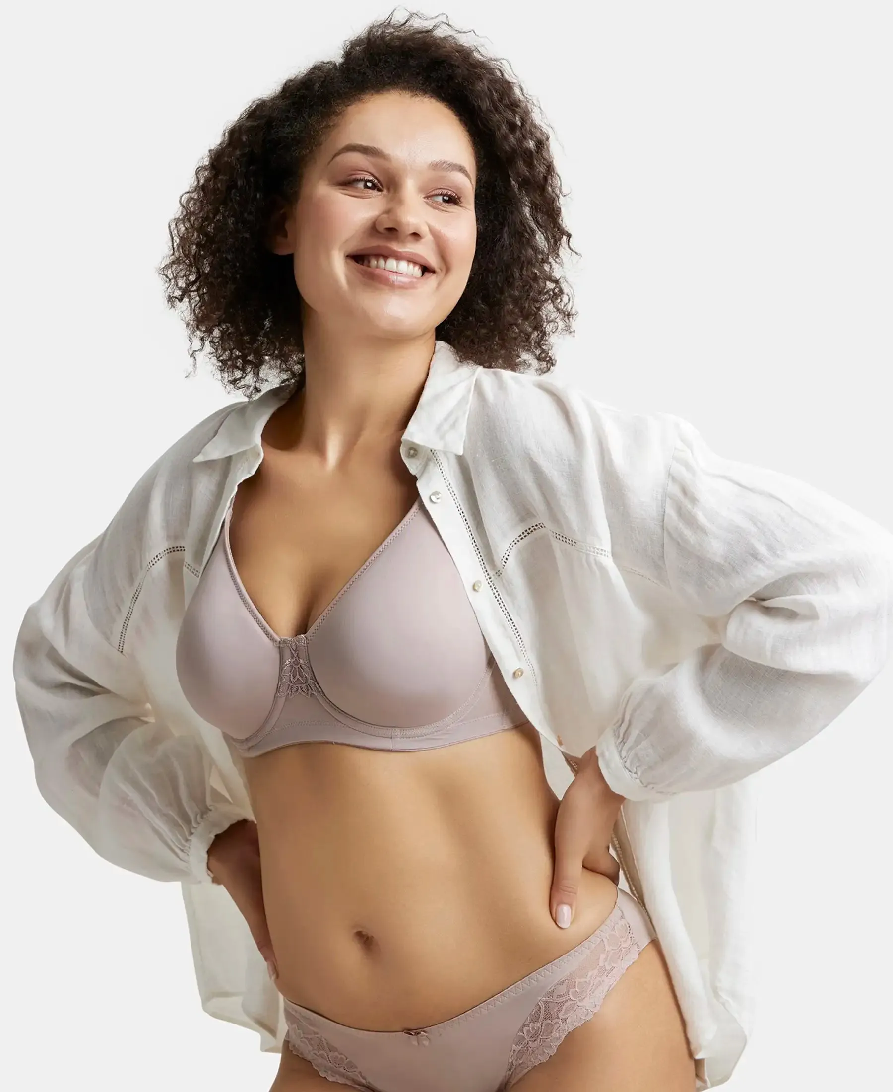 Under-Wired Non-Padded Soft Touch Microfiber Elastane Stretch Full Coverage Minimizer Bra with Broad Wings - Mocha