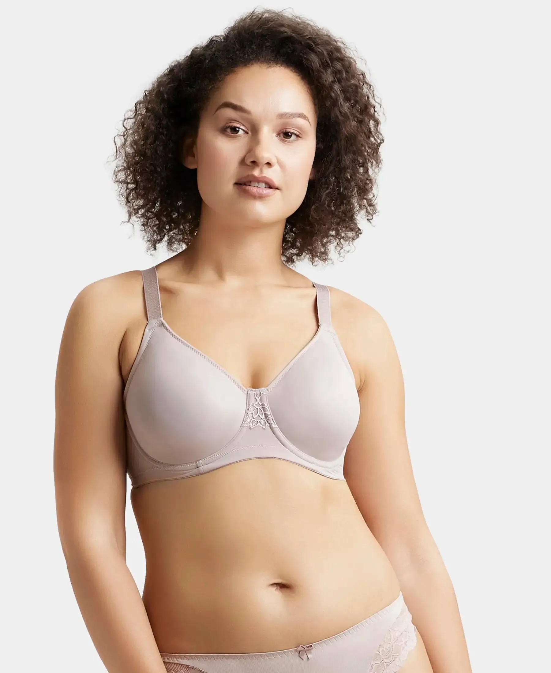 Under-Wired Non-Padded Soft Touch Microfiber Elastane Stretch Full Coverage Minimizer Bra with Broad Wings - Mocha