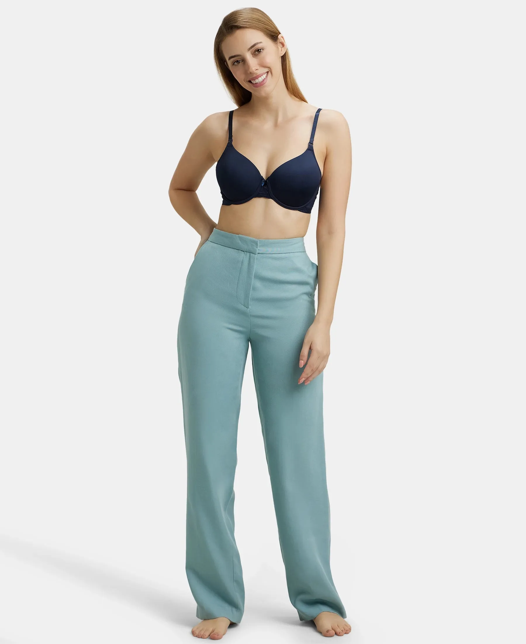 Under-Wired Padded Soft Touch Microfiber Elastane Stretch Full Coverage T-Shirt Bra with Lace Styling - Navy Blazer