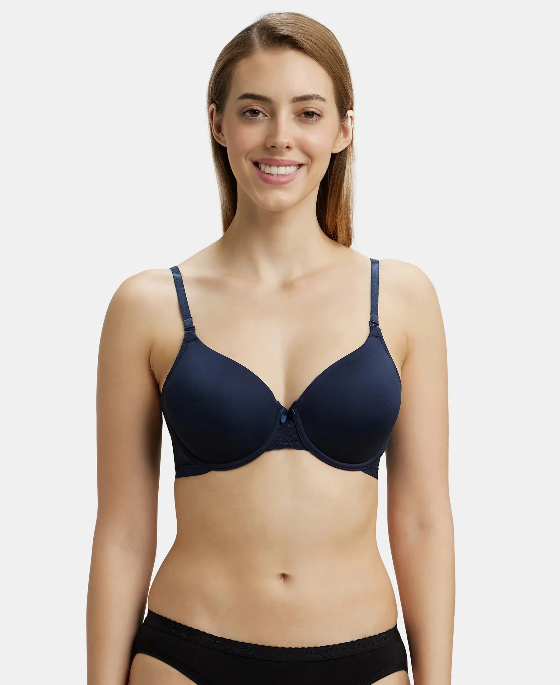 Under-Wired Padded Soft Touch Microfiber Elastane Stretch Full Coverage T-Shirt Bra with Lace Styling - Navy Blazer
