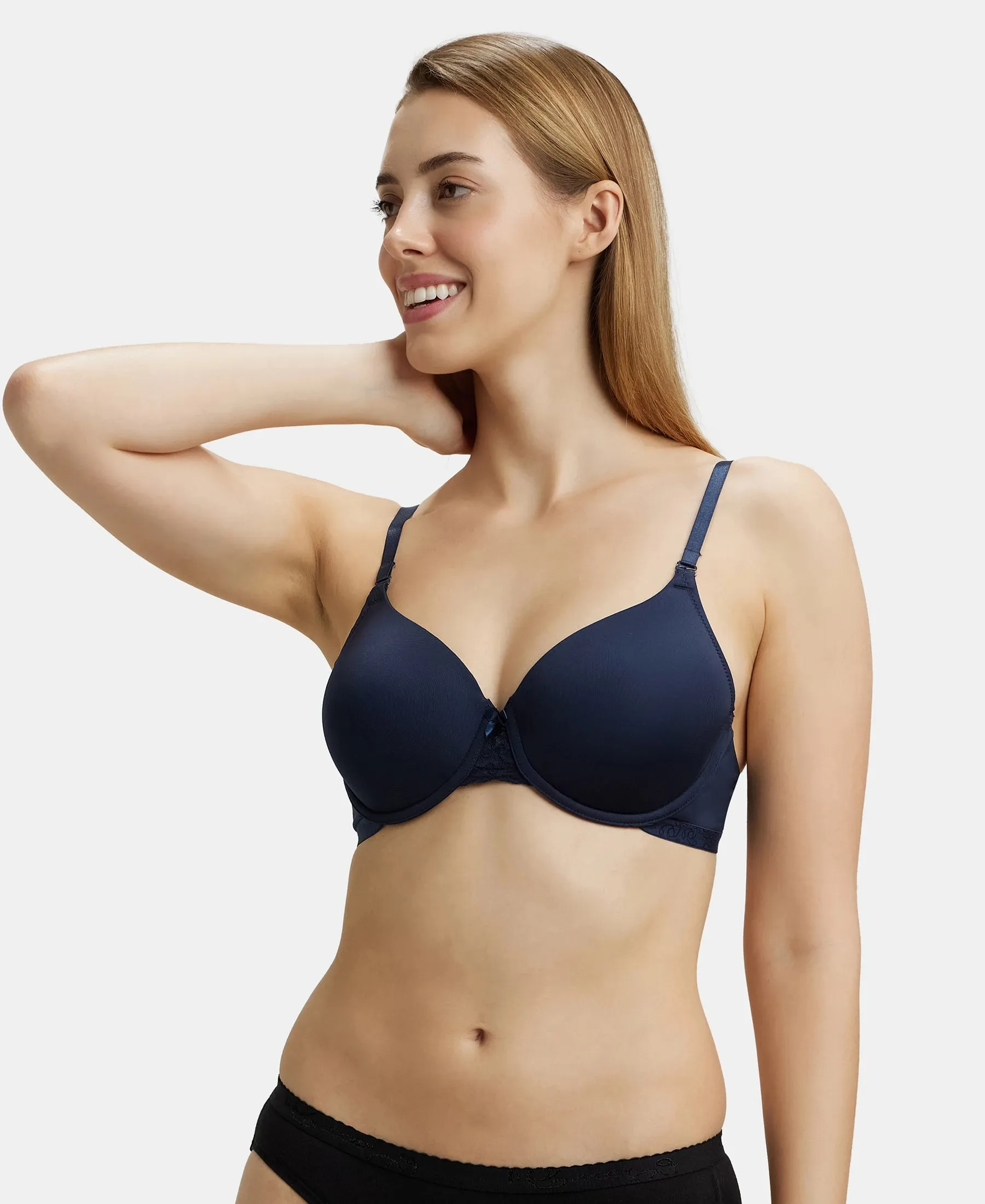 Under-Wired Padded Soft Touch Microfiber Elastane Stretch Full Coverage T-Shirt Bra with Lace Styling - Navy Blazer