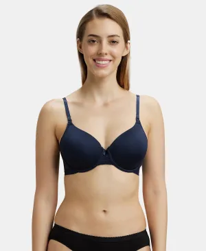 Under-Wired Padded Soft Touch Microfiber Elastane Stretch Full Coverage T-Shirt Bra with Lace Styling - Navy Blazer