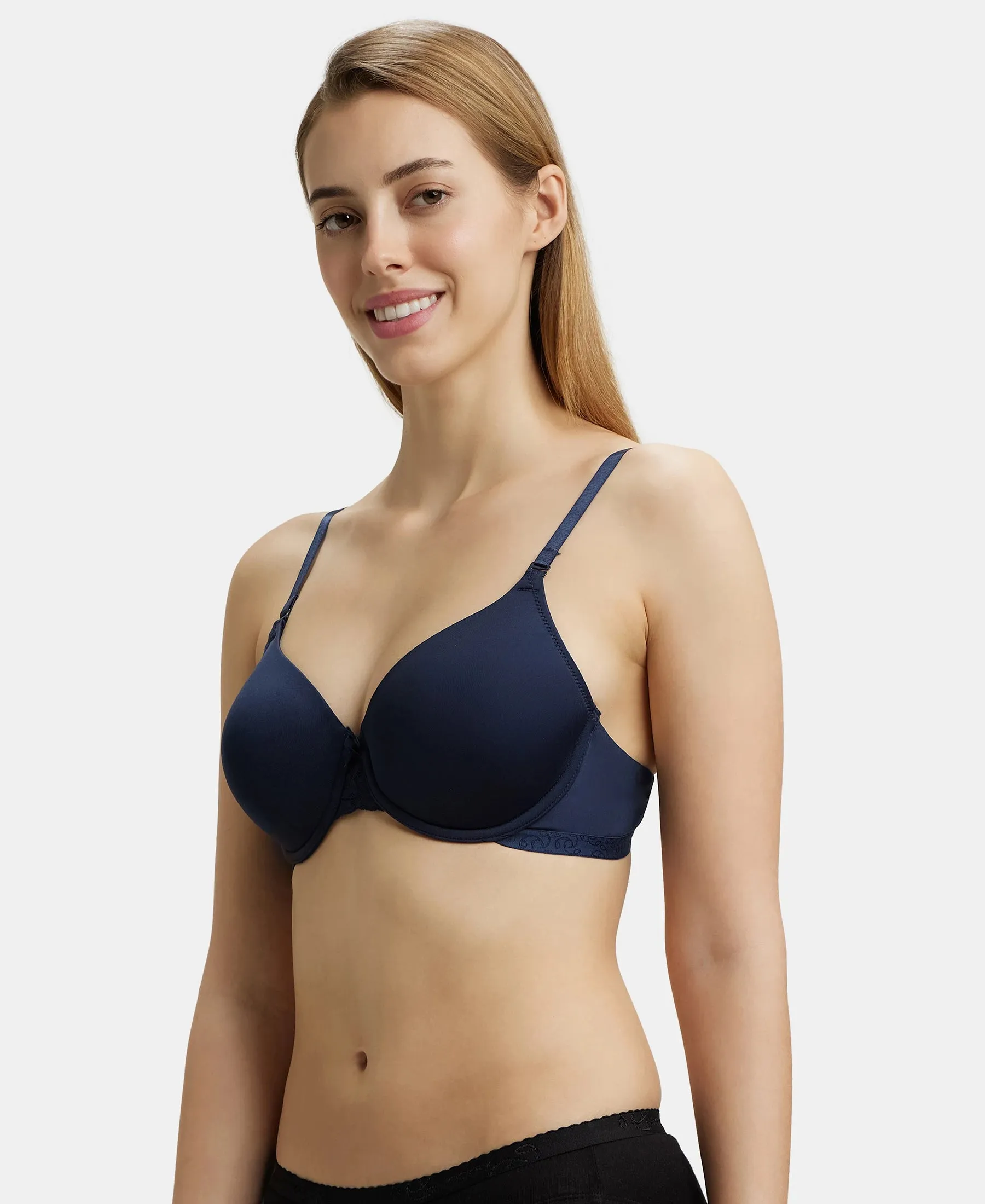 Under-Wired Padded Soft Touch Microfiber Elastane Stretch Full Coverage T-Shirt Bra with Lace Styling - Navy Blazer