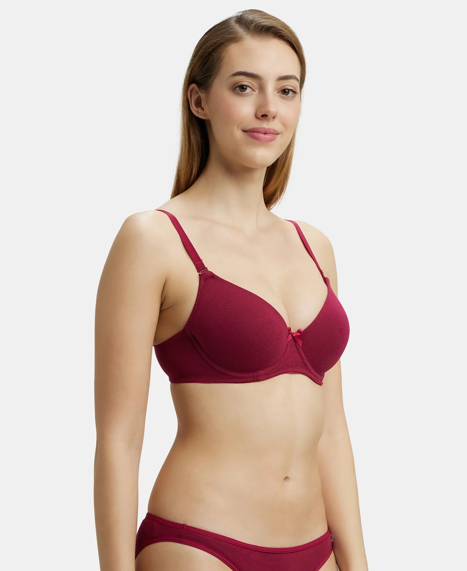 Under-Wired Padded Super Combed Cotton Elastane Stretch Medium Coverage T-Shirt Bra with Detachable Straps - Beet Red
