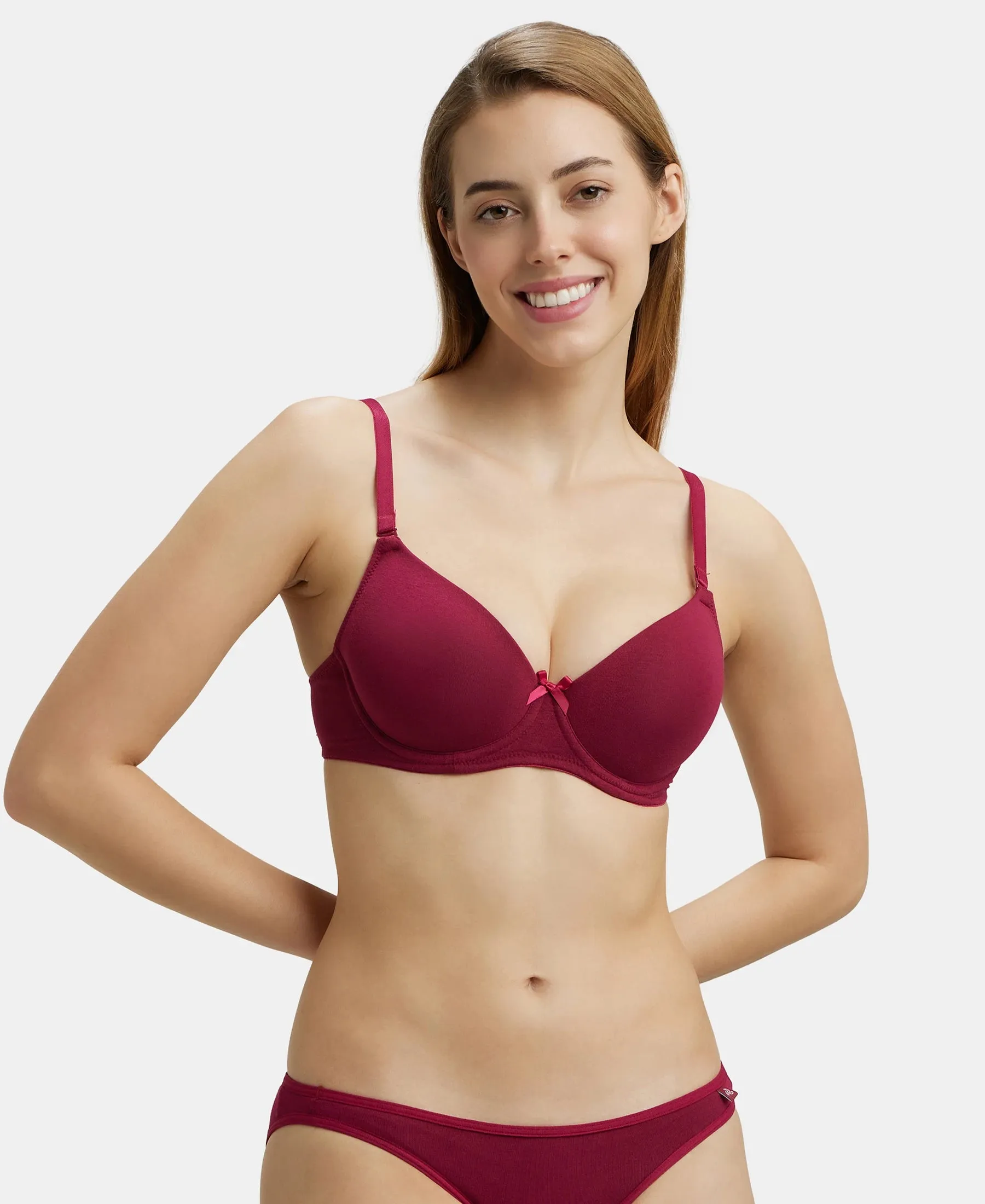 Under-Wired Padded Super Combed Cotton Elastane Stretch Medium Coverage T-Shirt Bra with Detachable Straps - Beet Red
