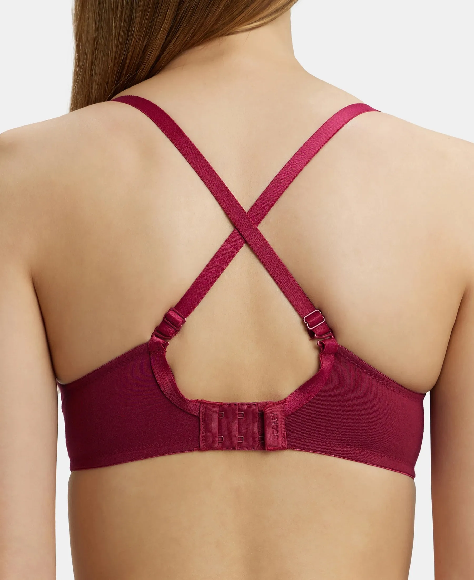 Under-Wired Padded Super Combed Cotton Elastane Stretch Medium Coverage T-Shirt Bra with Detachable Straps - Beet Red