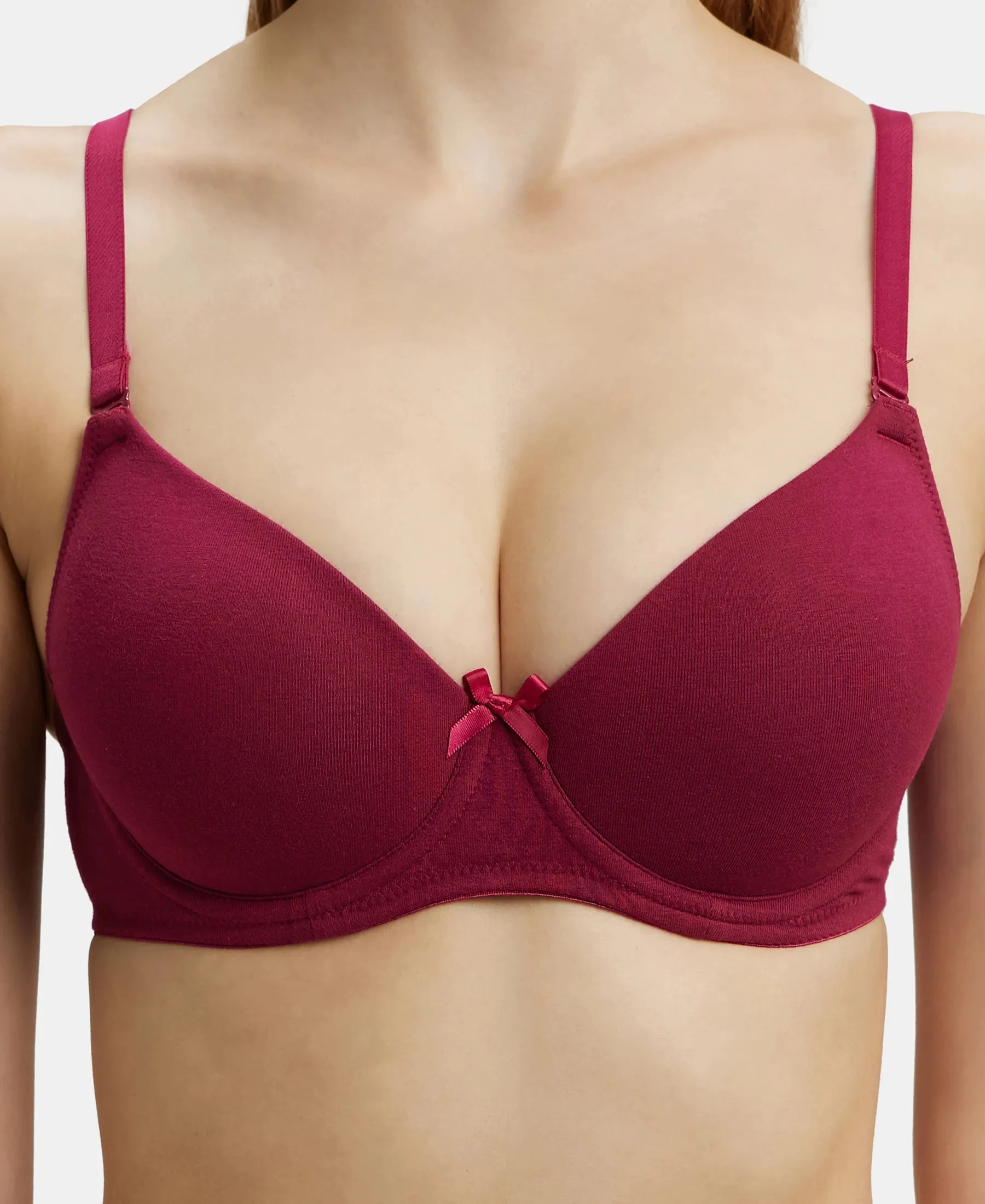 Under-Wired Padded Super Combed Cotton Elastane Stretch Medium Coverage T-Shirt Bra with Detachable Straps - Beet Red
