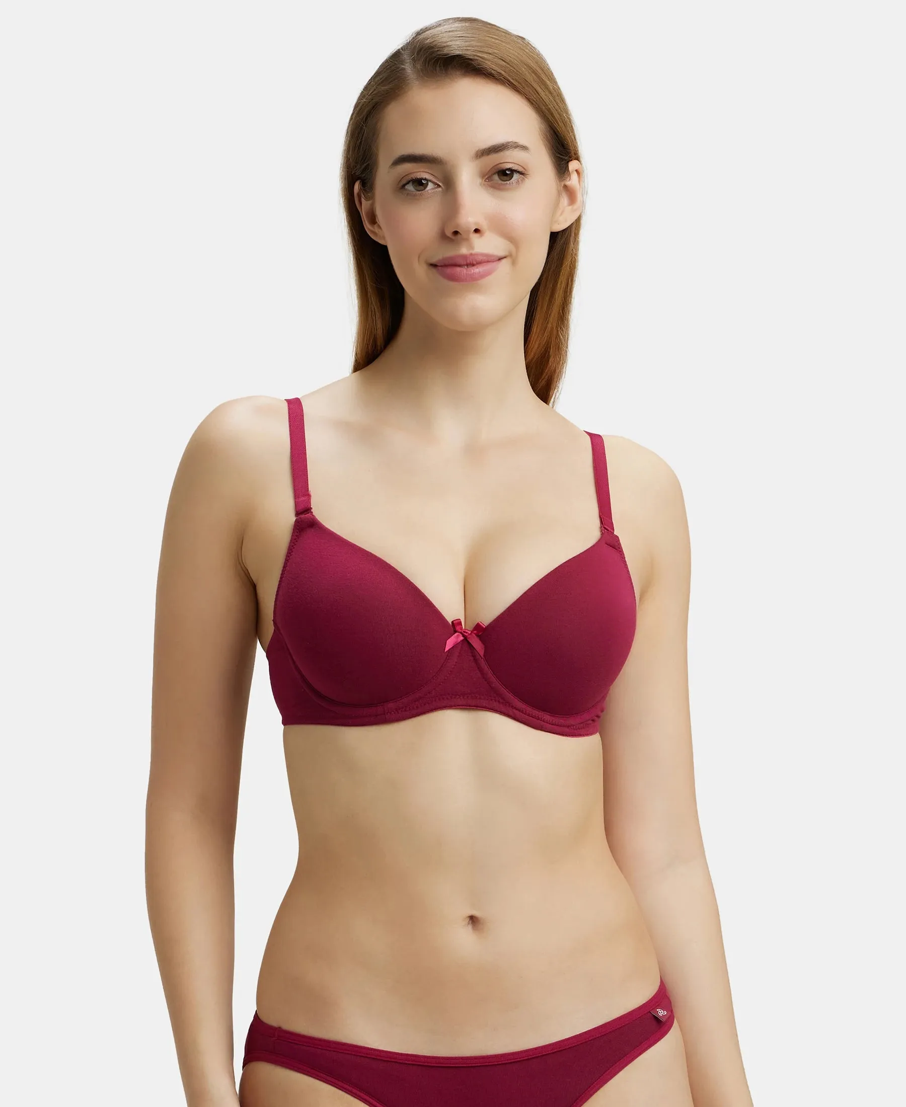 Under-Wired Padded Super Combed Cotton Elastane Stretch Medium Coverage T-Shirt Bra with Detachable Straps - Beet Red