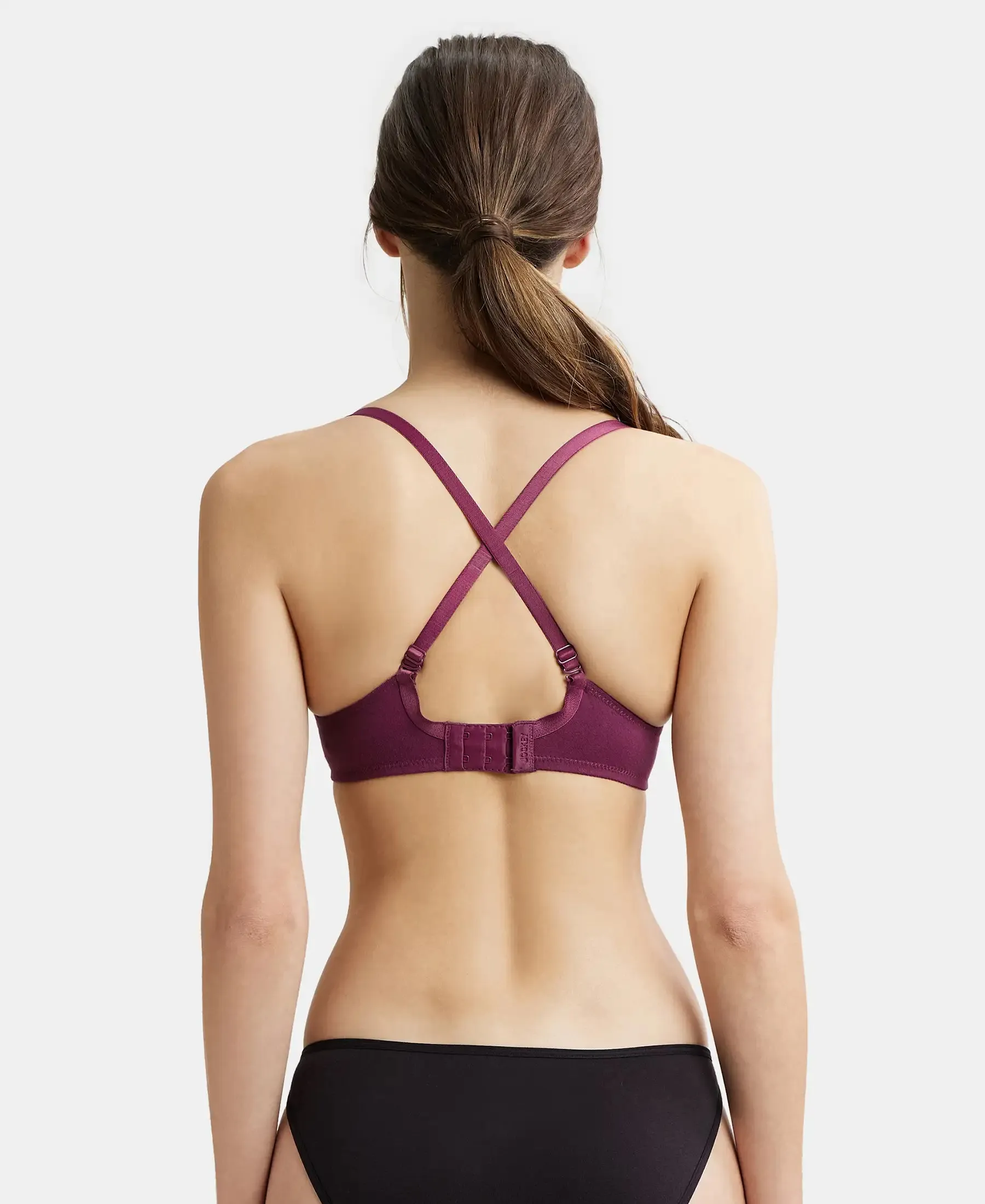 Under-Wired Padded Super Combed Cotton Elastane Stretch Medium Coverage T-Shirt Bra with Detachable Straps - Prune