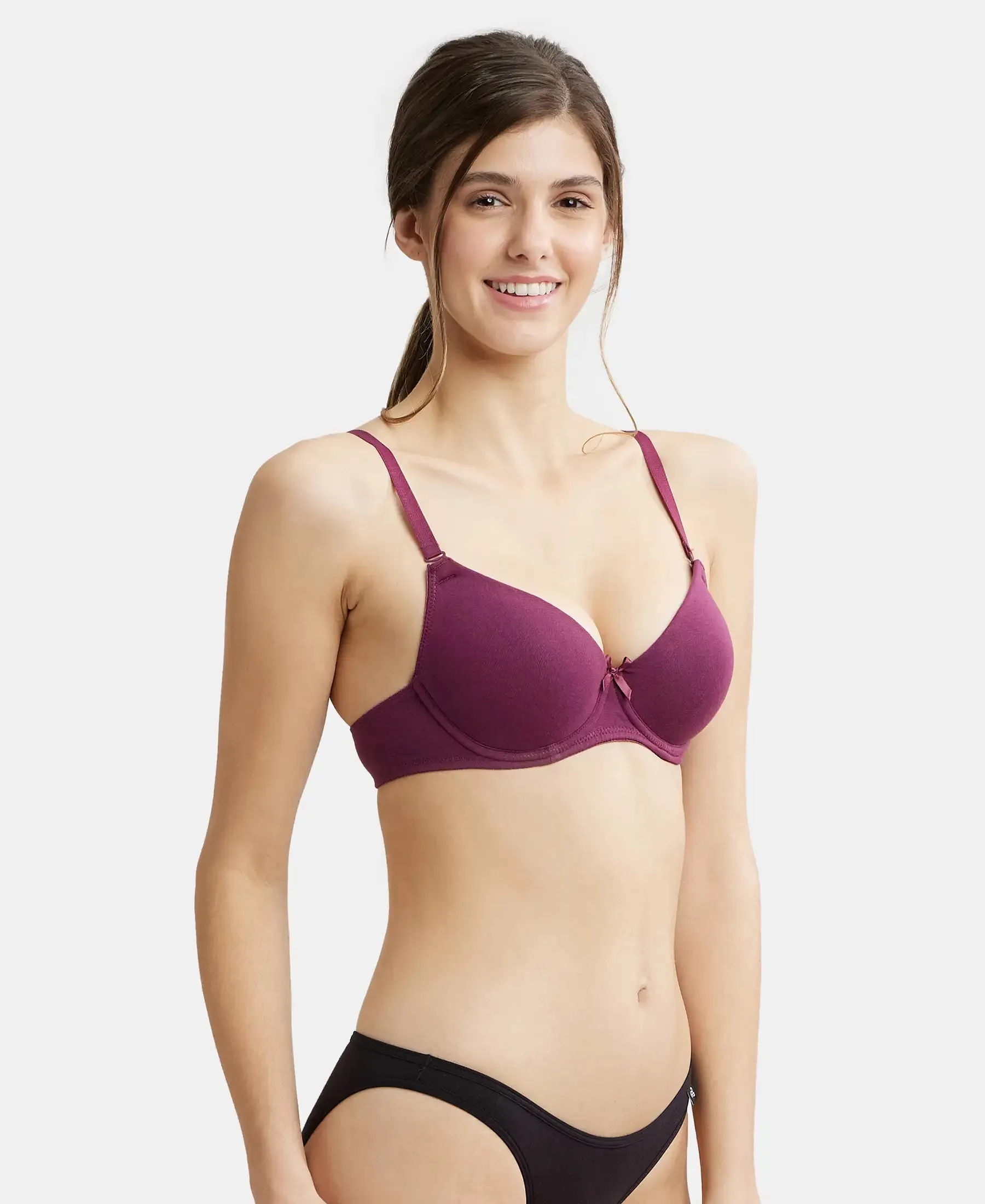 Under-Wired Padded Super Combed Cotton Elastane Stretch Medium Coverage T-Shirt Bra with Detachable Straps - Prune