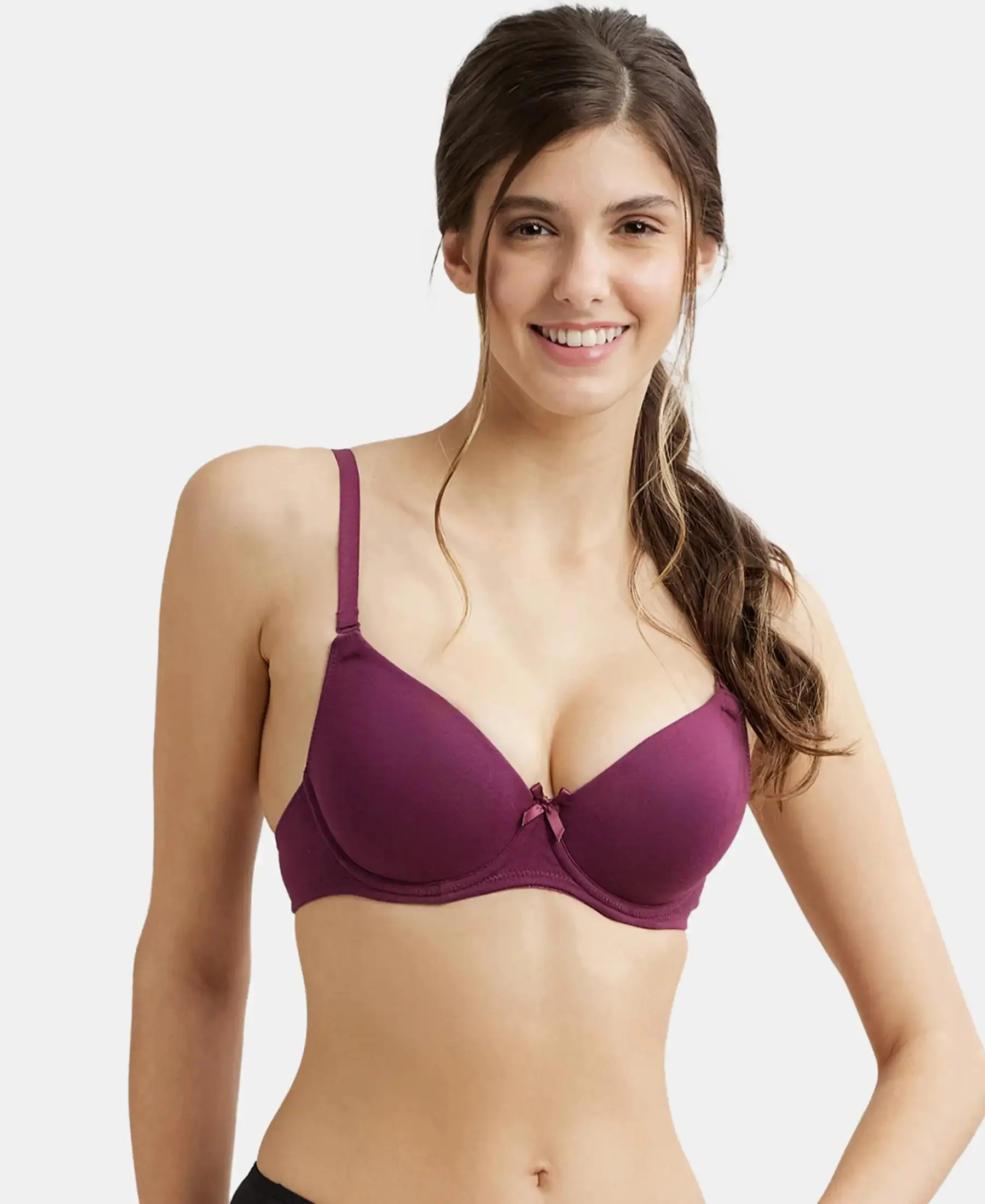 Under-Wired Padded Super Combed Cotton Elastane Stretch Medium Coverage T-Shirt Bra with Detachable Straps - Prune