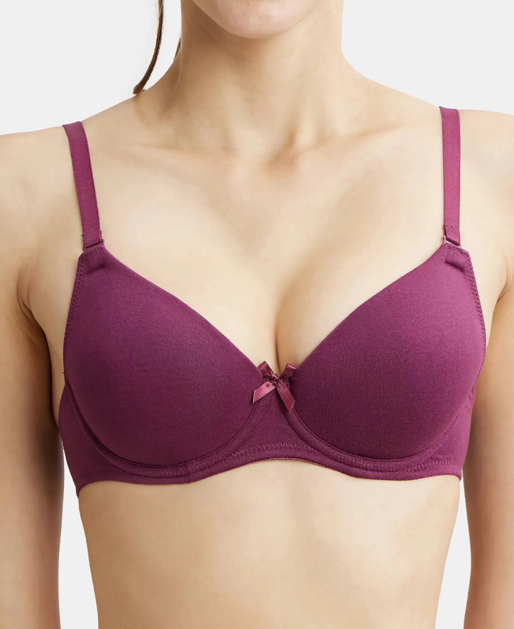 Under-Wired Padded Super Combed Cotton Elastane Stretch Medium Coverage T-Shirt Bra with Detachable Straps - Prune