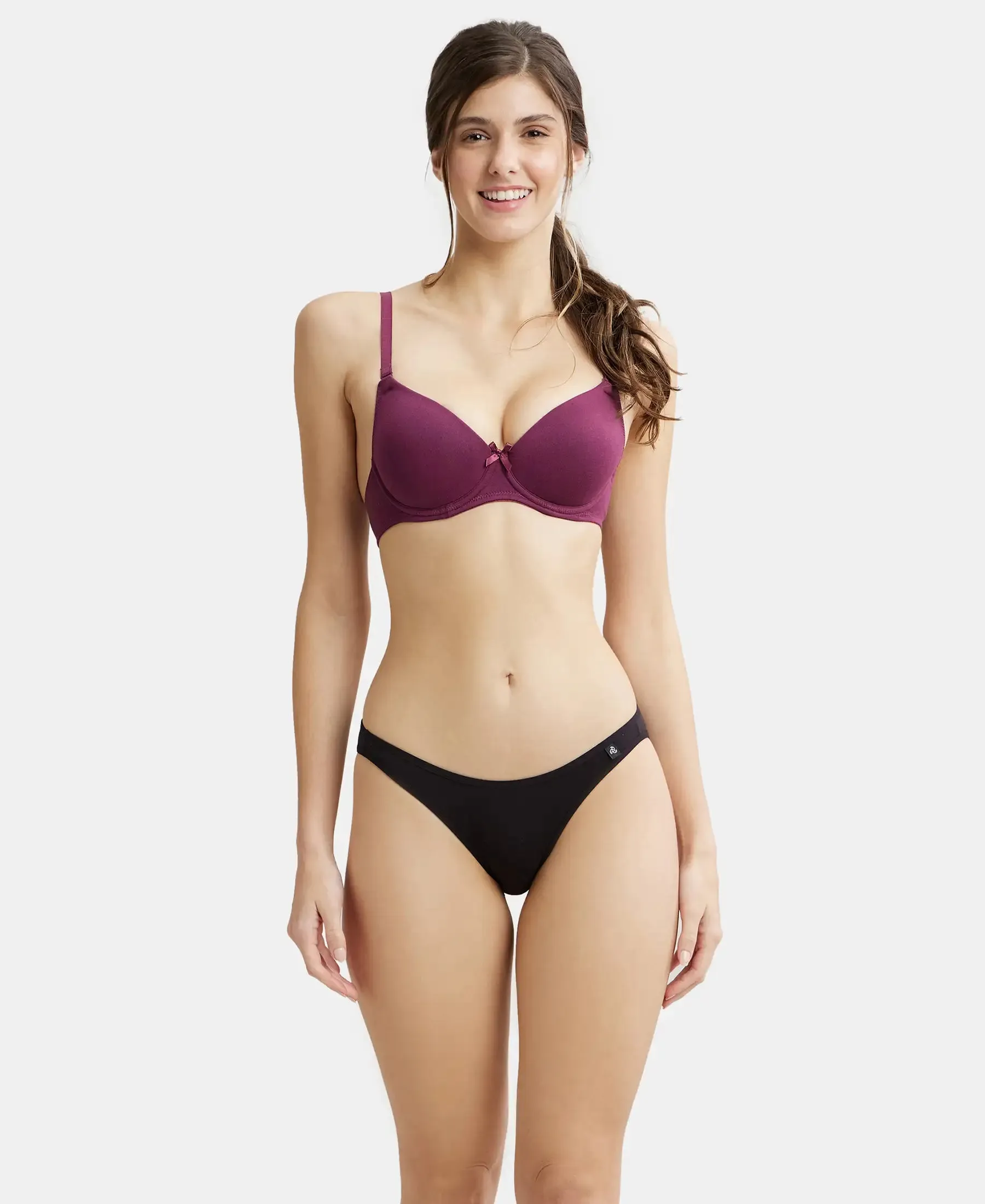 Under-Wired Padded Super Combed Cotton Elastane Stretch Medium Coverage T-Shirt Bra with Detachable Straps - Prune