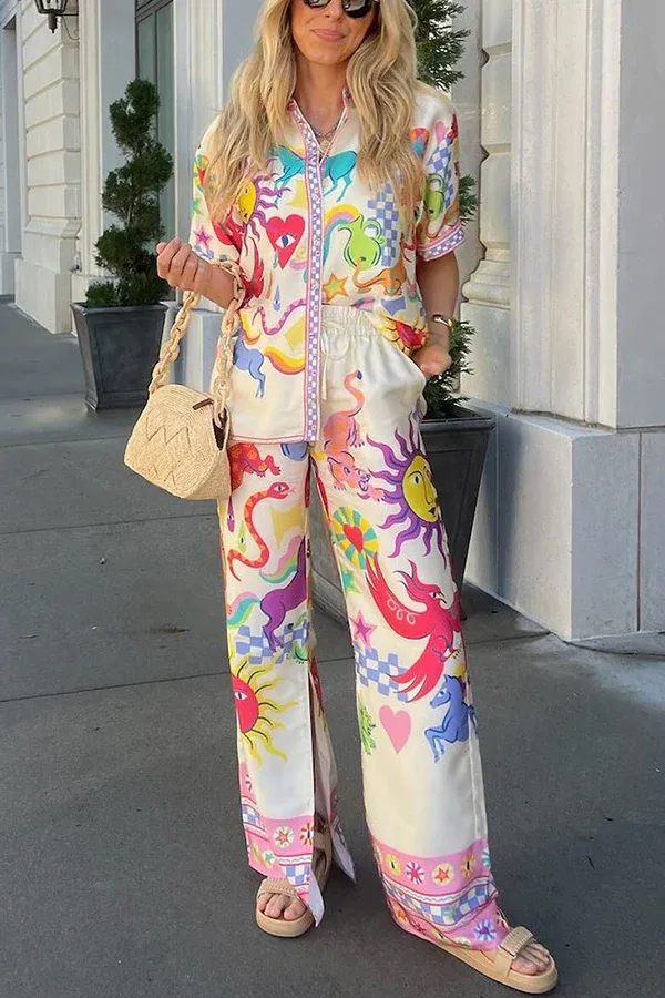 Unique Print Short Sleeve Loose Shirt and Elastic Waist Pocket Slit Pants Set