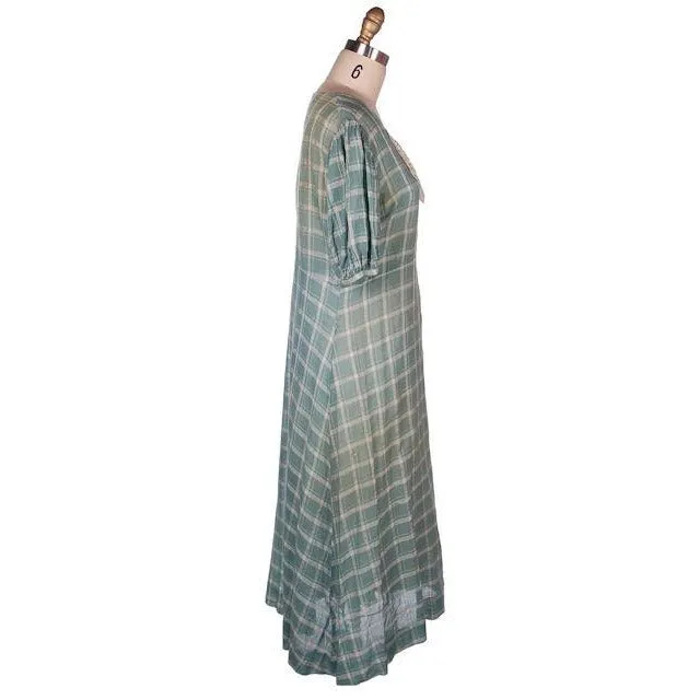 Vintage Cotton Day Dress Pale Green & Ivory Plaid & Lace 1930s 40-36-42