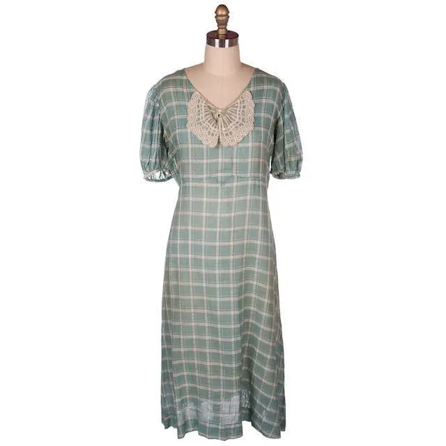 Vintage Cotton Day Dress Pale Green & Ivory Plaid & Lace 1930s 40-36-42