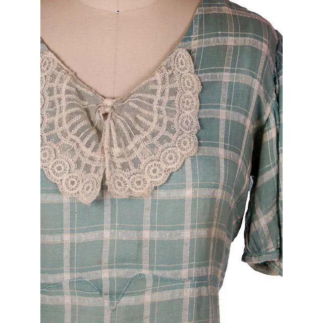 Vintage Cotton Day Dress Pale Green & Ivory Plaid & Lace 1930s 40-36-42