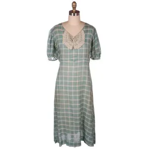Vintage Cotton Day Dress Pale Green & Ivory Plaid & Lace 1930s 40-36-42