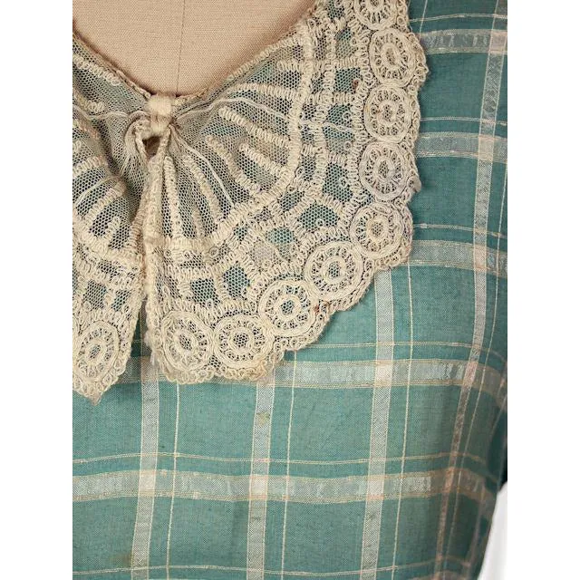 Vintage Cotton Day Dress Pale Green & Ivory Plaid & Lace 1930s 40-36-42