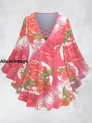Vintage Rose Graffiti Printed V-Neck Hollow Cut Flared Long Sleeve Mid-Long Top