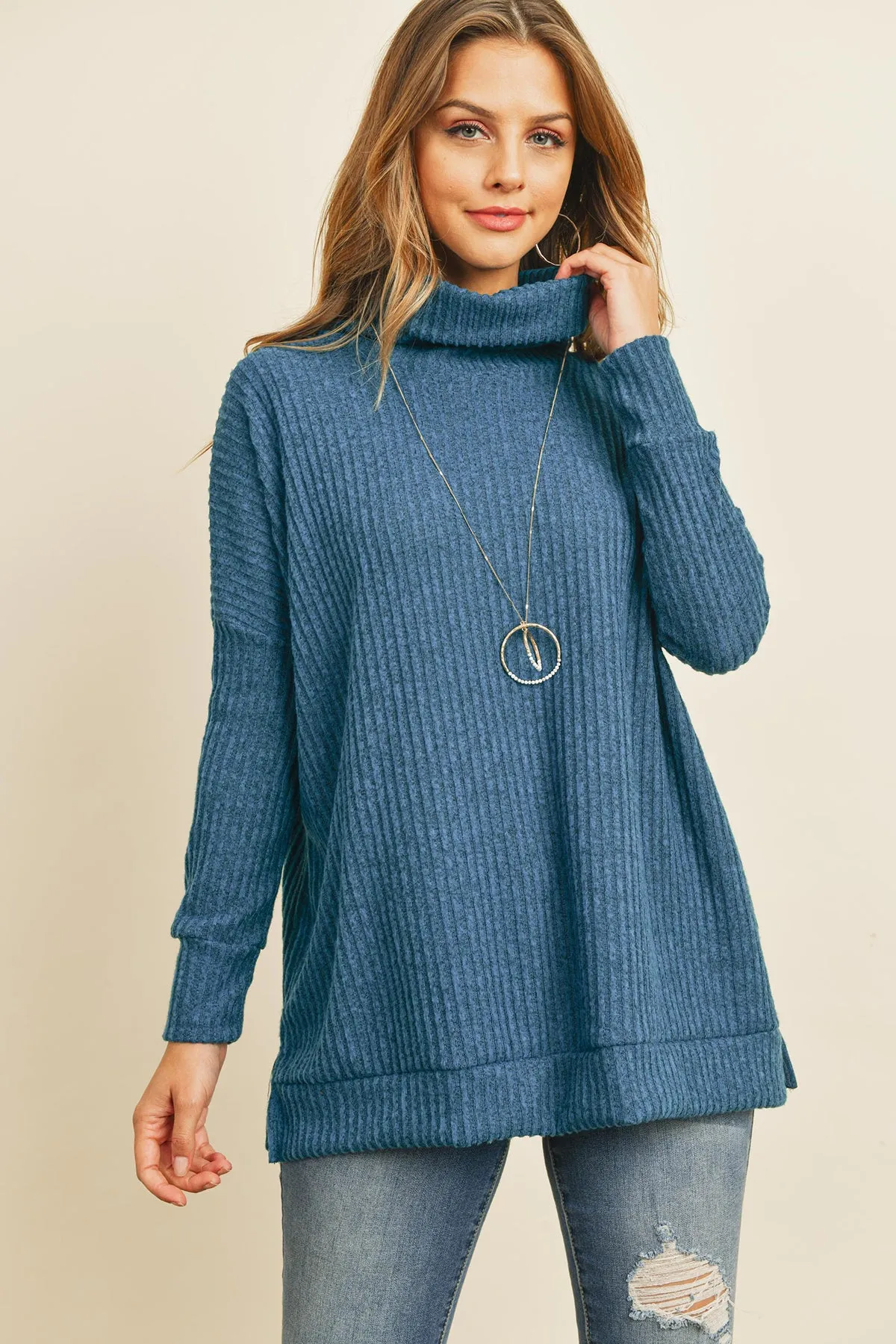 Waffle Cowl Neck Side Slit Sweater