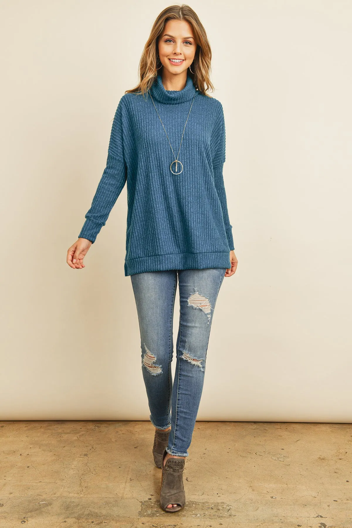 Waffle Cowl Neck Side Slit Sweater