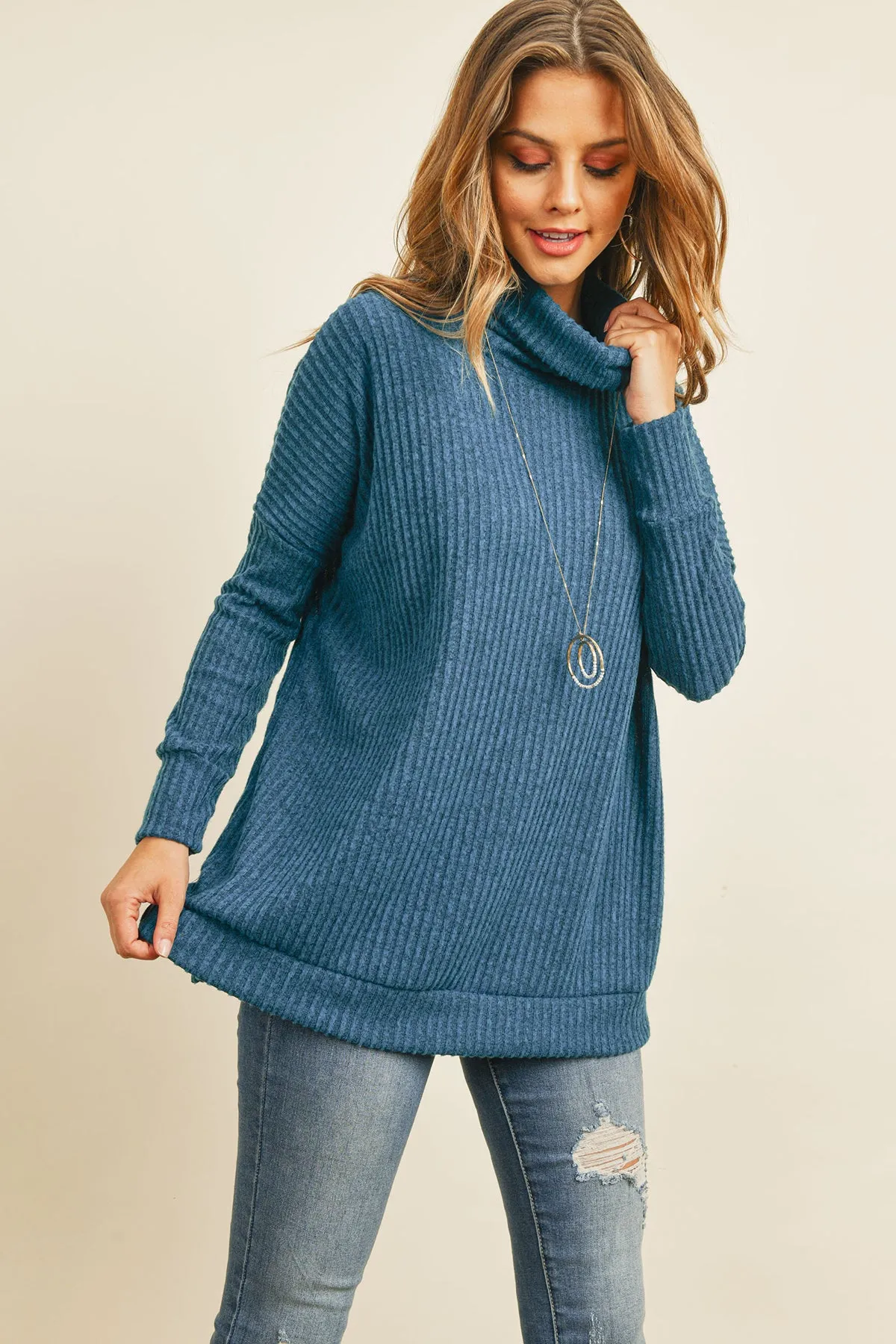 Waffle Cowl Neck Side Slit Sweater