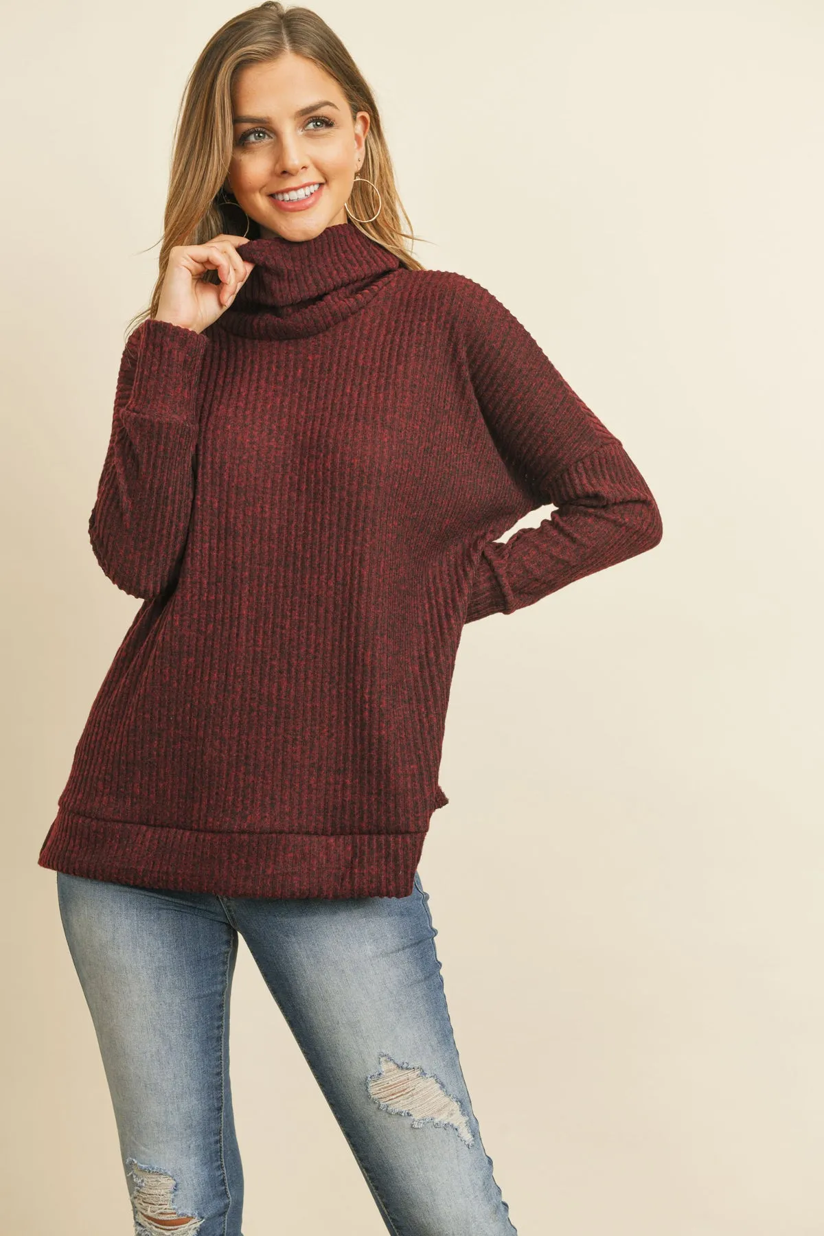 Waffle Cowl Neck Side Slit Sweater