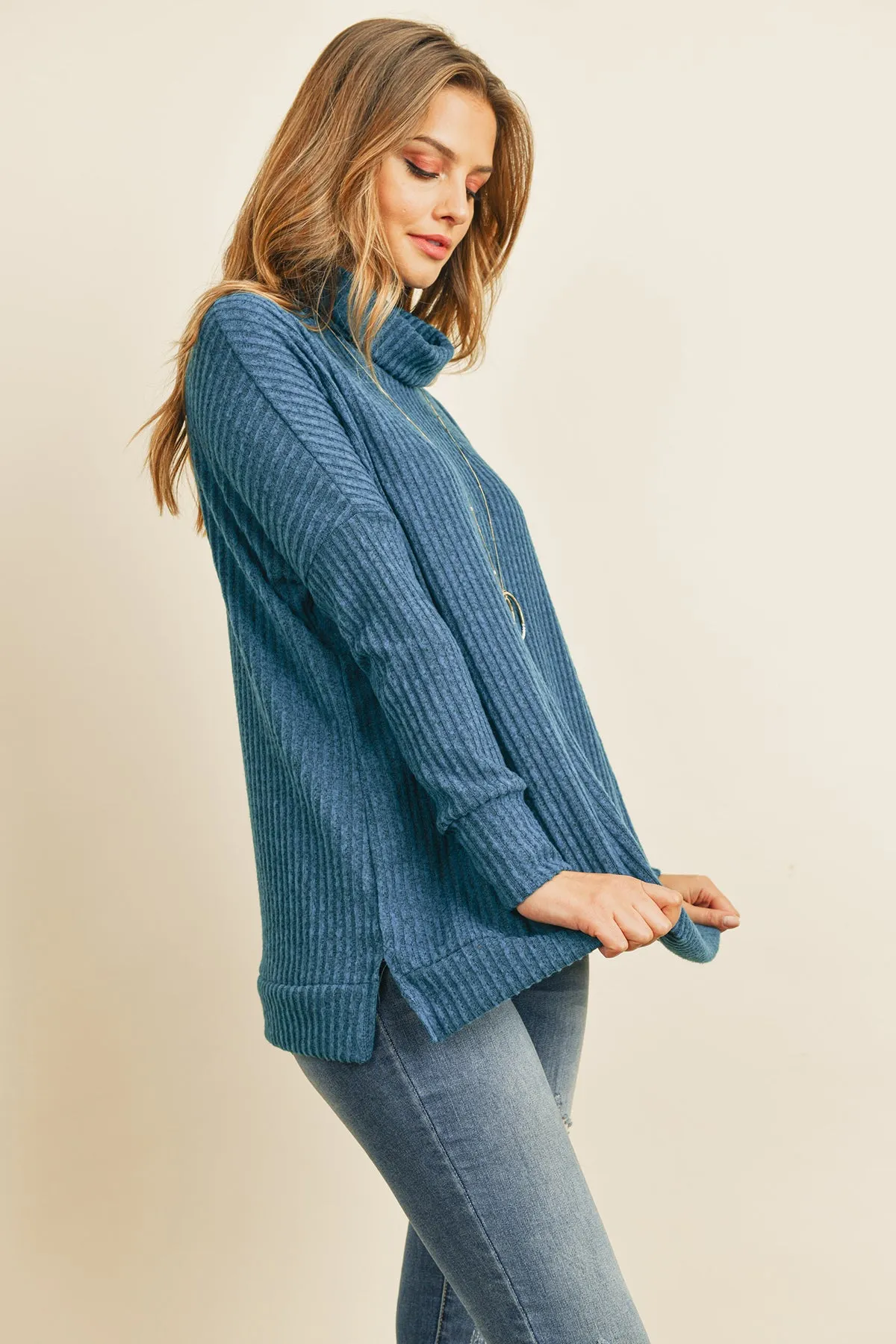 Waffle Cowl Neck Side Slit Sweater