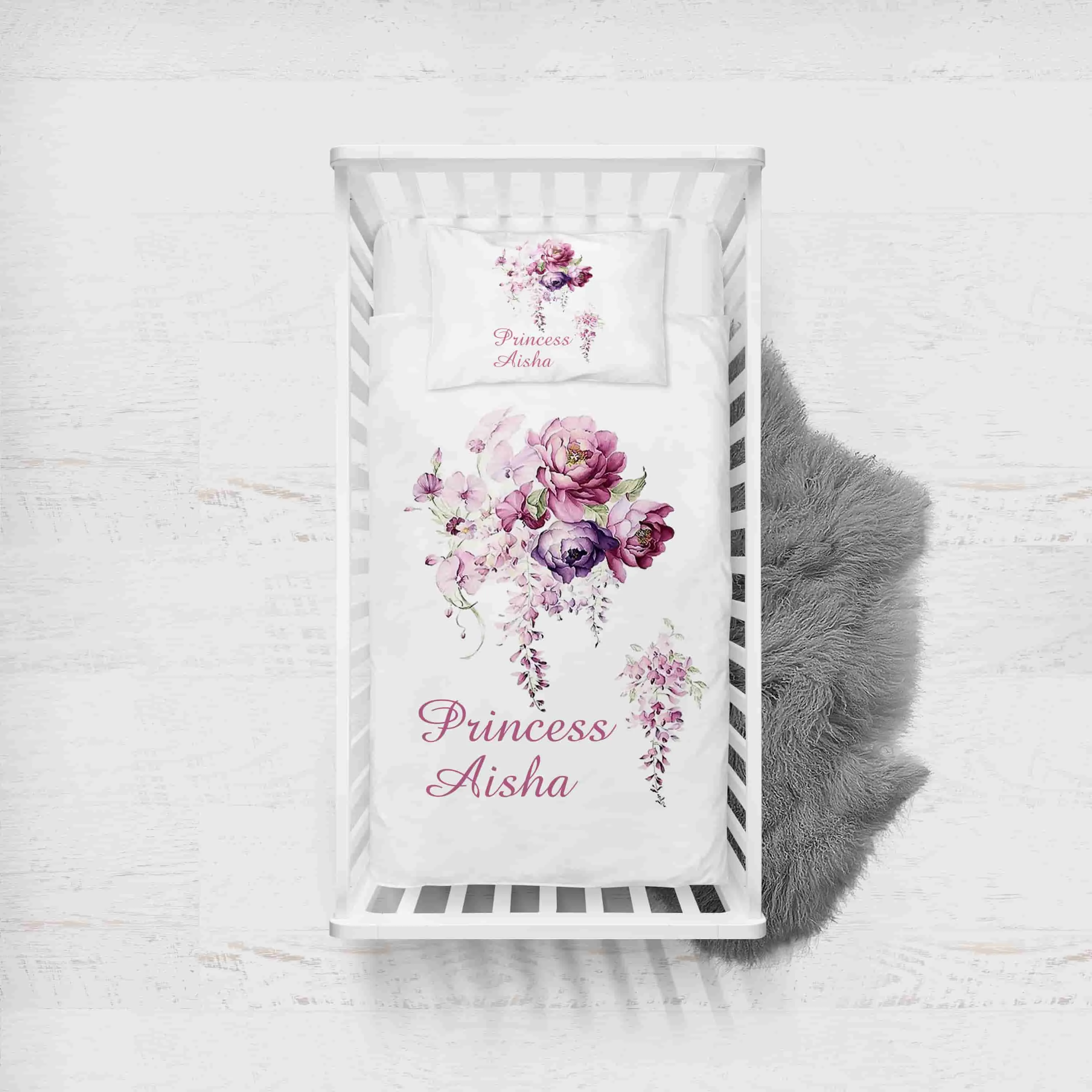 White Flower Personalised Blanket/Cot set